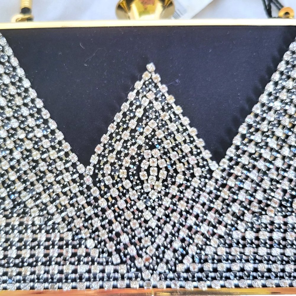 NWT KATE LANDRY Black Satin Rhinestone Clutch Evening Shoulder Bag - Picture 2 of 8